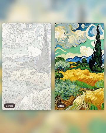 Wheat Field with Cypresses after Van Gogh paint by numbers kit, before and after