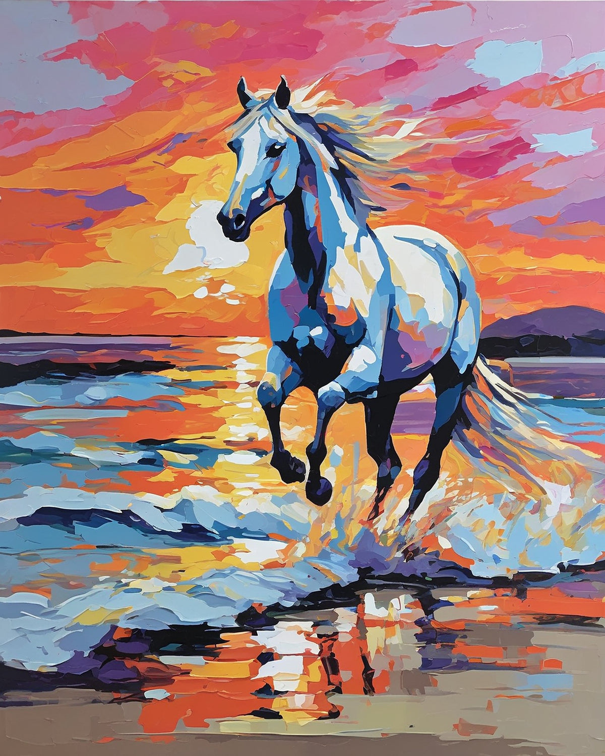 white horse galloping through shallow waves on a beach under an orange and pink sunset sky, paint by numbers kit