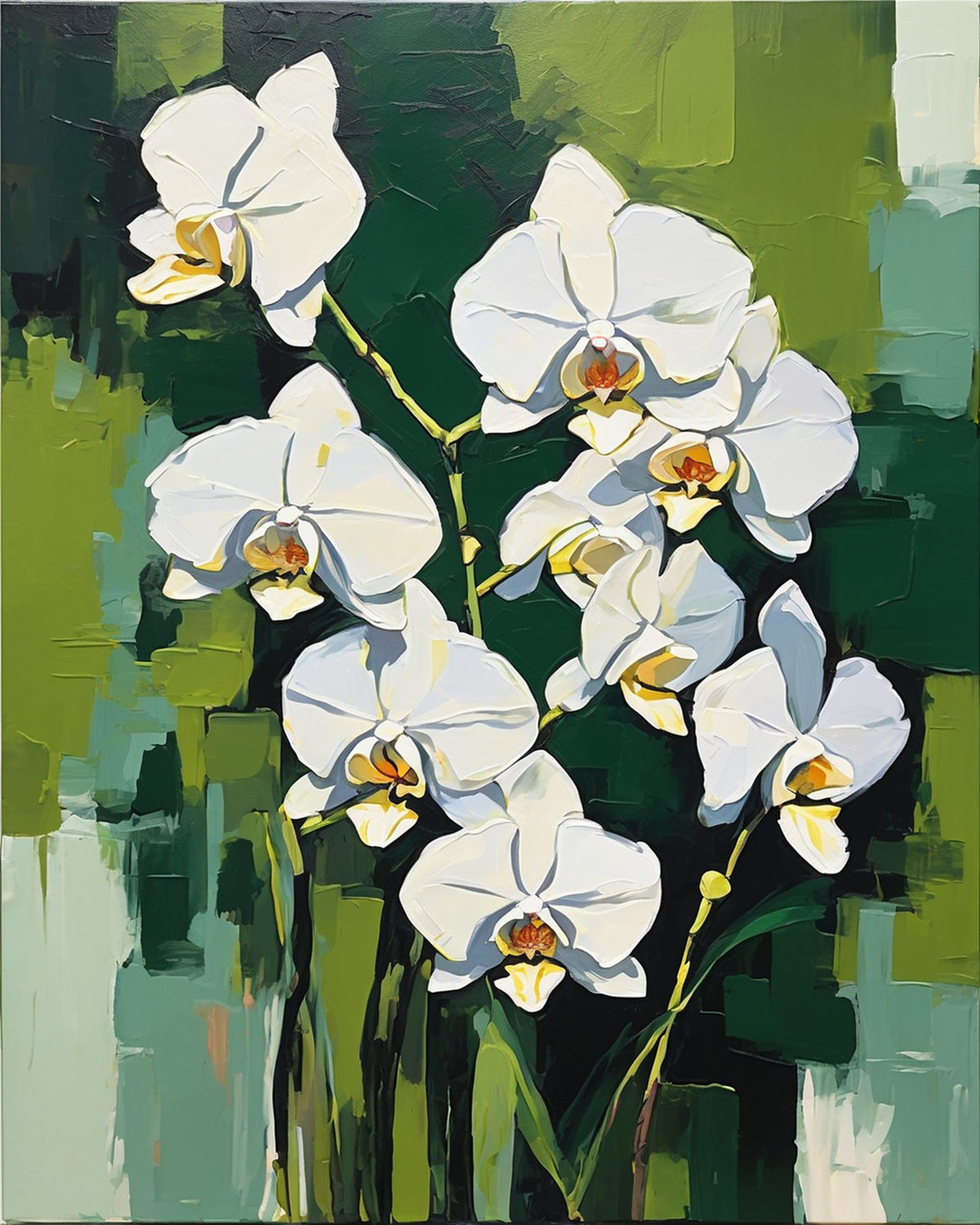 white orchids with yellow centers on thin stems against dark green and olive blocks of color, paint by numbers kit