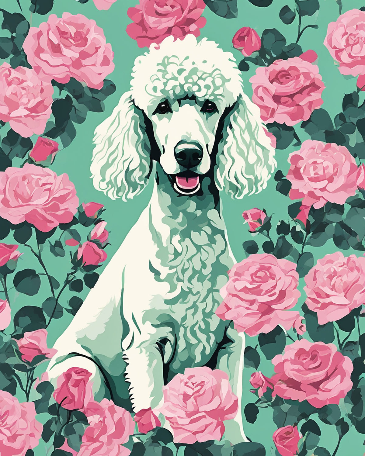 white poodle sitting among pink roses on a mint green background, paint by numbers kit