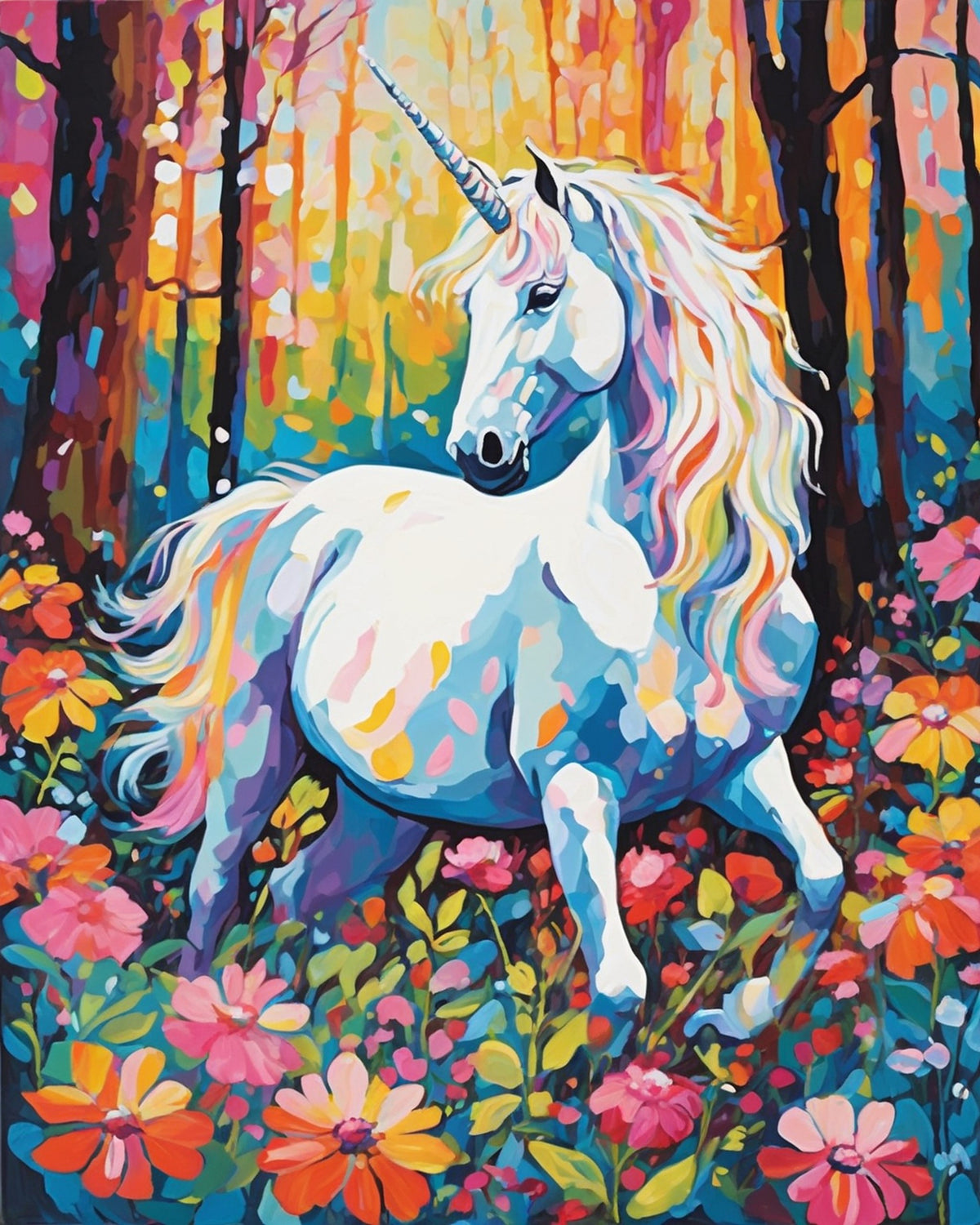 white unicorn with a pastel mane standing among pink and orange flowers in a glowing forest, paint by numbers kit