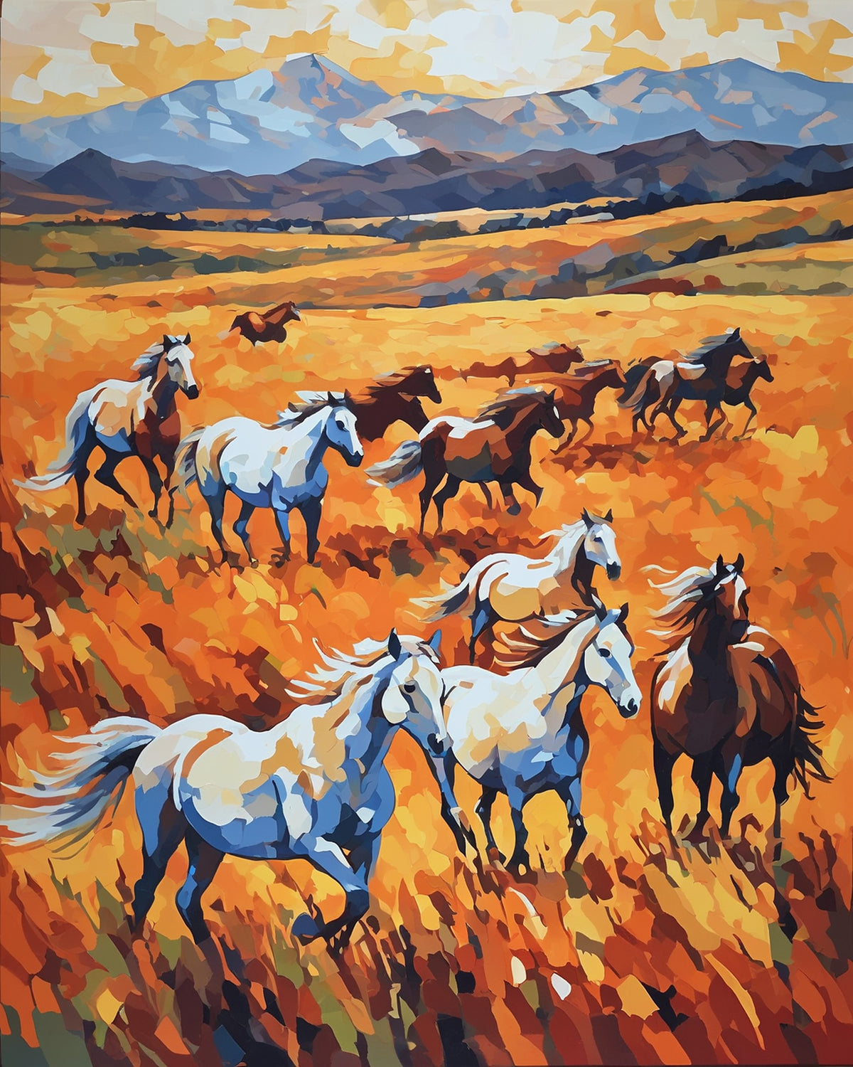 wild horses running on a golden prairie paint by numbers kit, white and chestnut horses with blue mountains