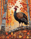 Wild Turkey in the Autumn Woods paint by numbers kit, turkey with fanned feathers among fallen leaves