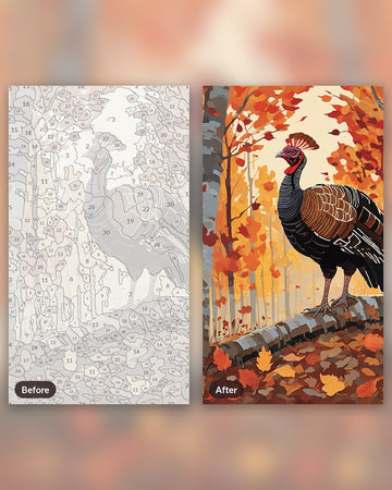 Wild Turkey in the Autumn Woods paint by numbers kit, before and after