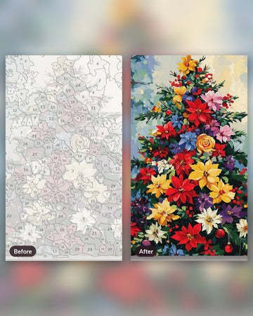 Winter Florals paint by numbers kit, before and after