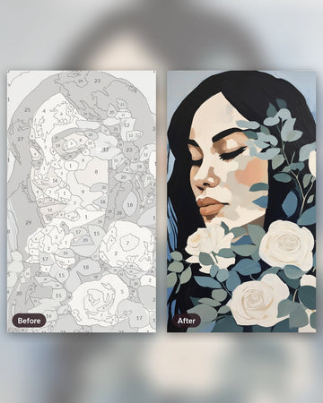 Winter Rose Maiden paint by numbers kit, before and after
