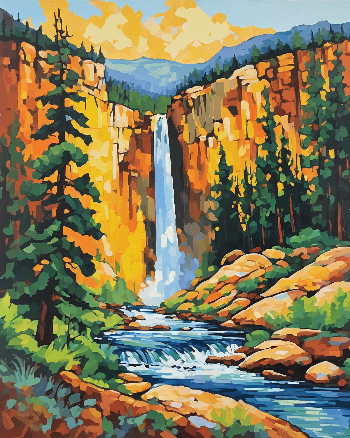 tall waterfall between yellow and orange canyon walls with pine trees and a rocky river, paint by numbers kit