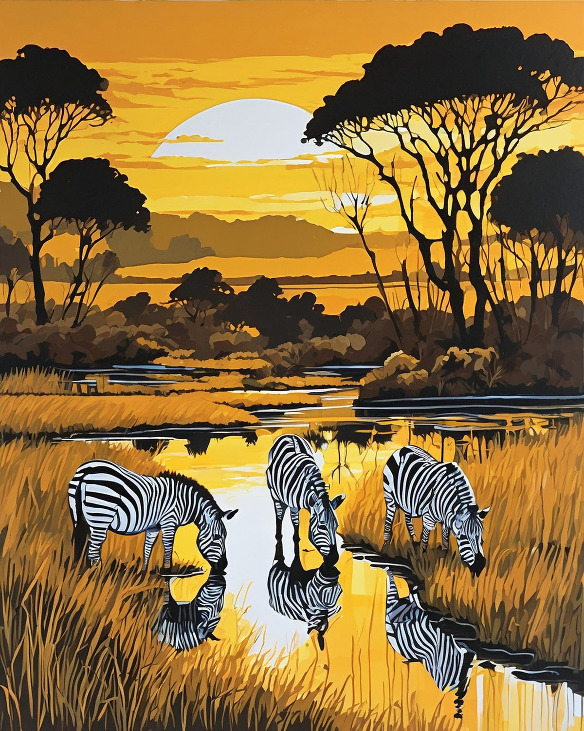 three zebras drinking at a watering hole with golden grass, acacia trees and a sunset, paint by numbers kit