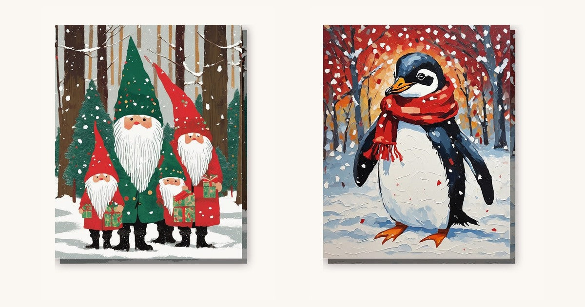 Christmas gnome and red-scarf penguin catalogue artwork for a Craftmas paint night.