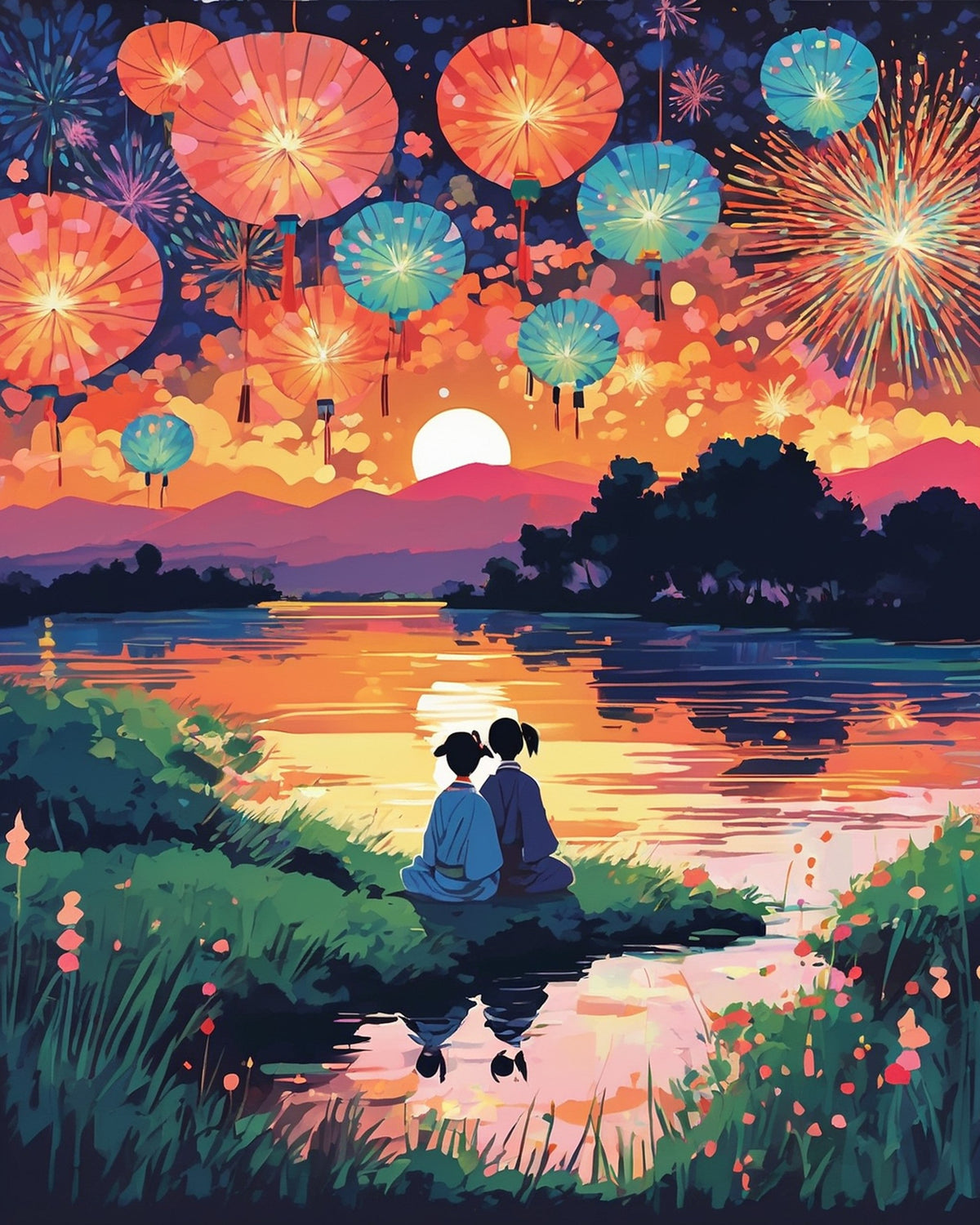Anime Fireworks by the River paint by numbers kit