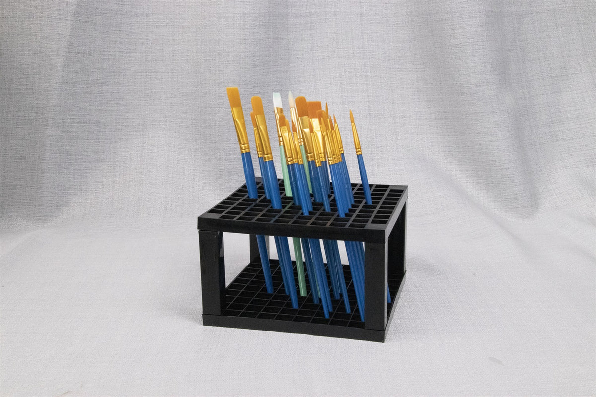 Black grid brush rack holding a dozen brushes upright