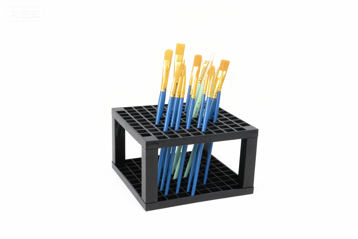 The black brush rack seen from the front