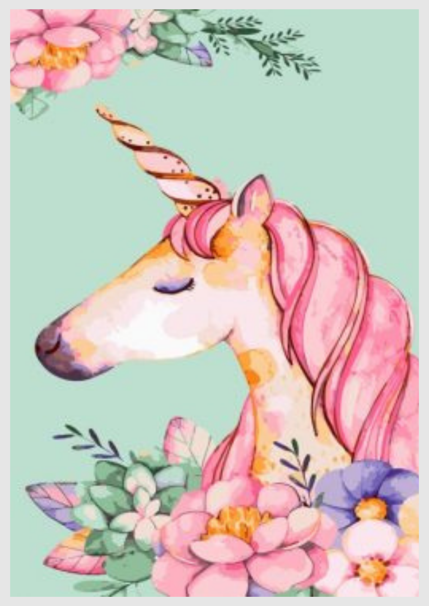 Dreamy Floral Unicorn Painting By Numbers Kit with vibrant flowers and a whimsical unicorn.