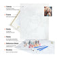 A reference guide to a painting by numbers canvas, indicating the canvas, frame, hooks, paints, reference sheet, and brushes