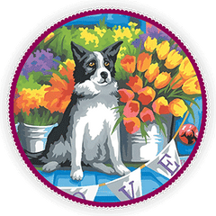 a completed paint by numbers canvas of a dog sitting in front of flowers