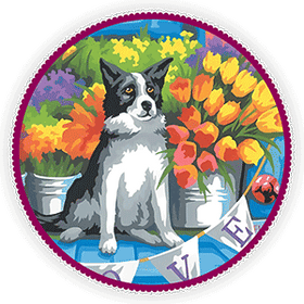 a completed paint by numbers canvas of a dog sitting in front of flowers