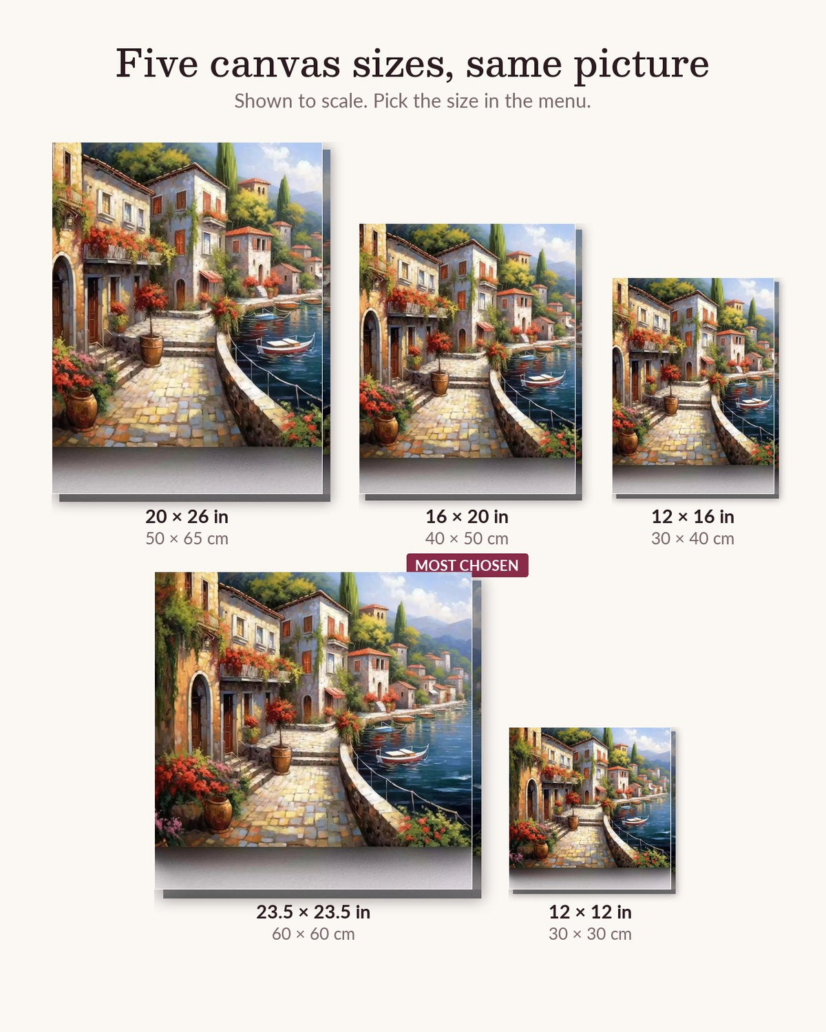 A Quiet Walk canvas sizes from 12 x 12 to 23.5 x 23.5 inches