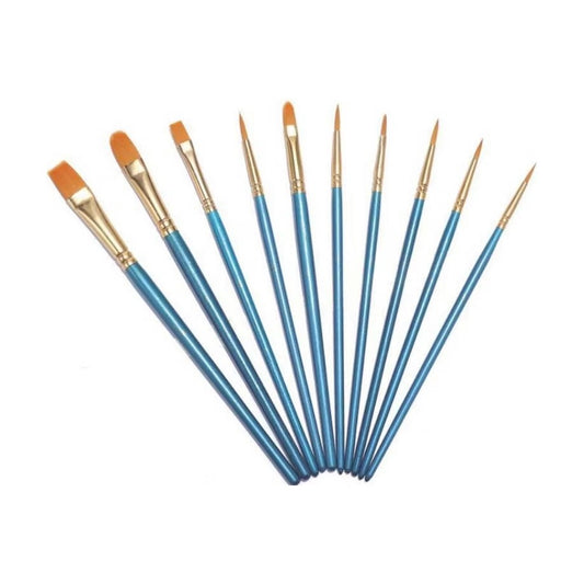Ten brushes with blue handles, flat and round tips