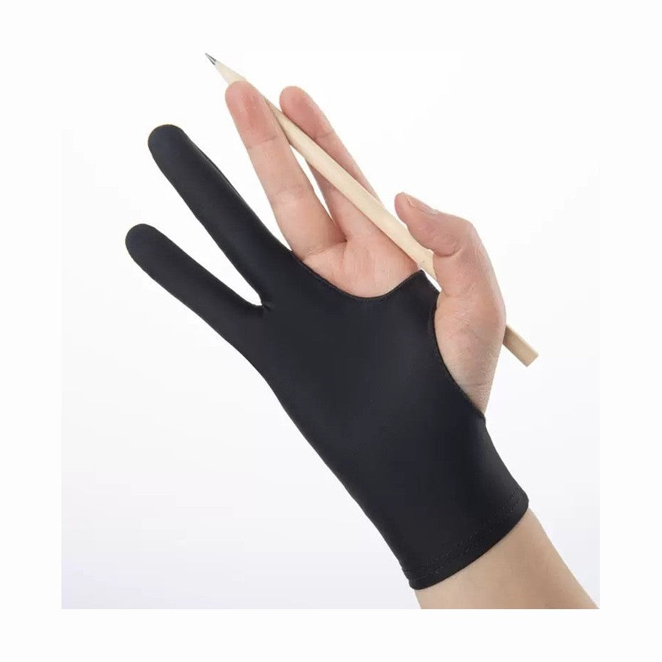 Black two-finger artist glove worn on a hand