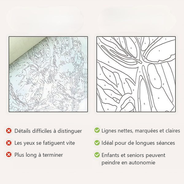 Contours numérotés nets et marqués, comparés à une toile classique