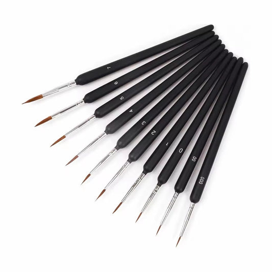 Ten black-handled liner brushes fanned out, sizes 000 to 7