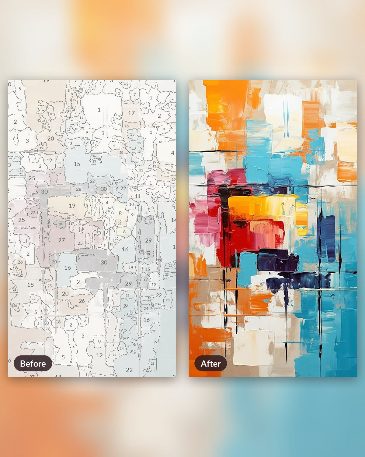Abstract Expressionism paint by numbers kit, before and after