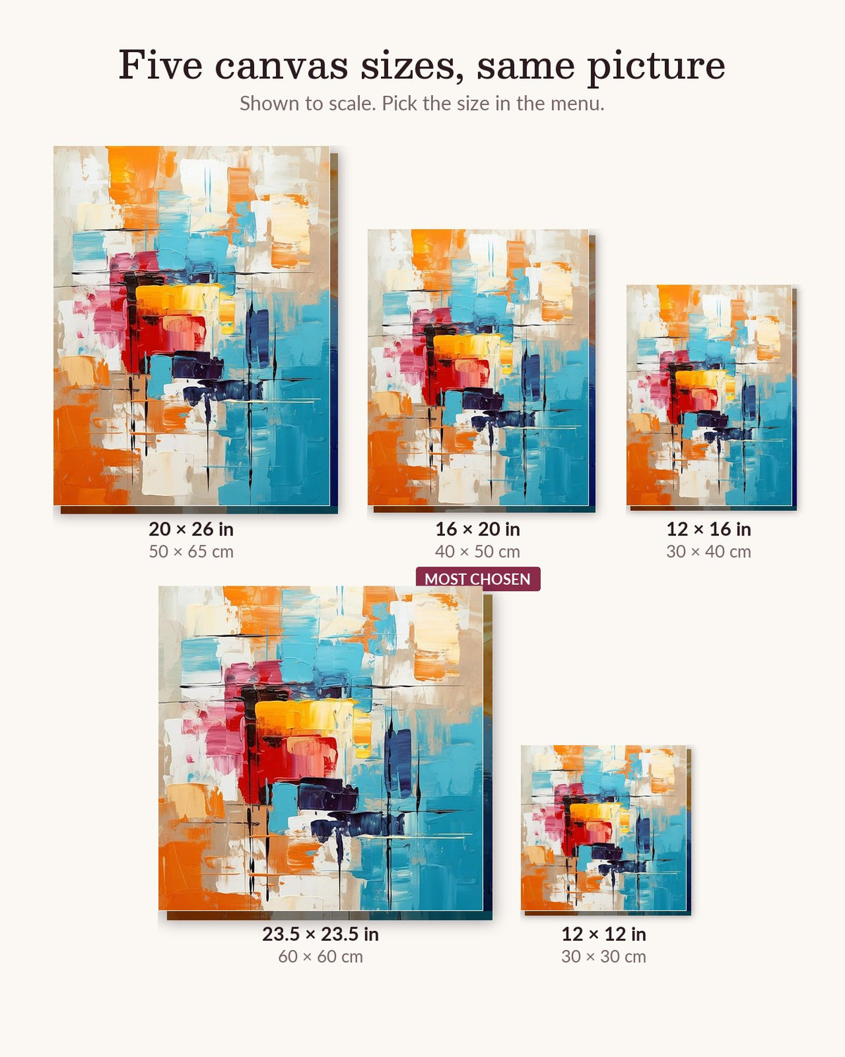 Abstract Expressionism canvas sizes from 12 x 12 to 23.5 x 23.5 inches