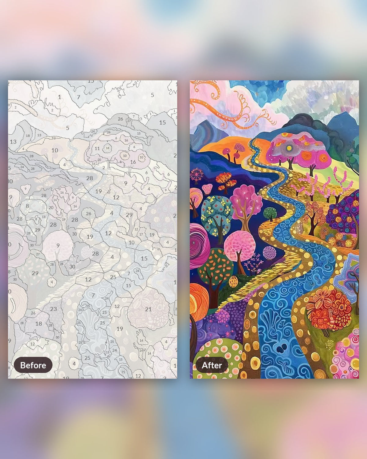 Abstract Fields paint by numbers kit, before and after