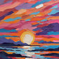 abstract sunset with thick bands of orange pink purple and blue over a lake and dark hills, paint by numbers kit