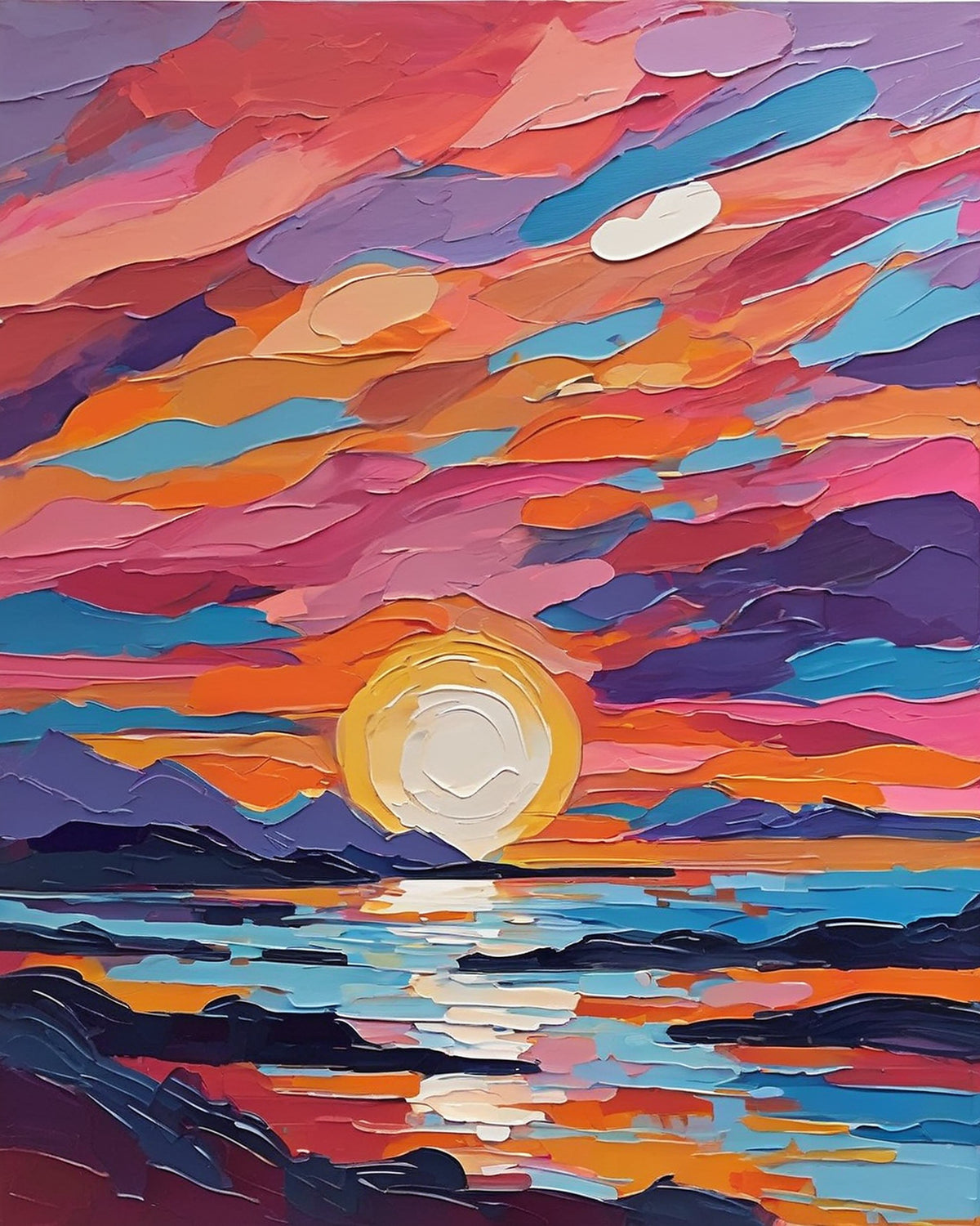 abstract sunset with thick bands of orange pink purple and blue over a lake and dark hills, paint by numbers kit