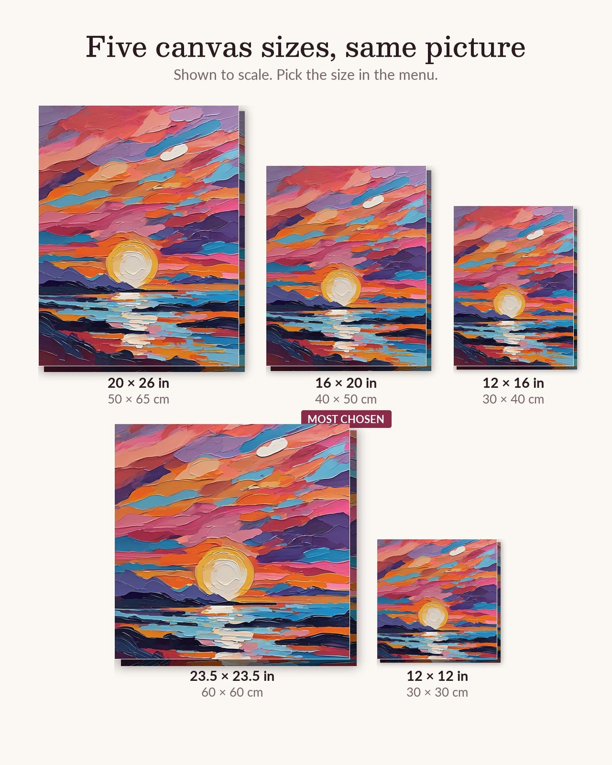 Abstract Sunset Over Layered Waves canvas sizes from 12 x 12 to 23.5 x 23.5 inches