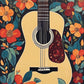 cream acoustic guitar with dark neck surrounded by orange and red flowers and teal leaves on a dark background, paint by numbers kit