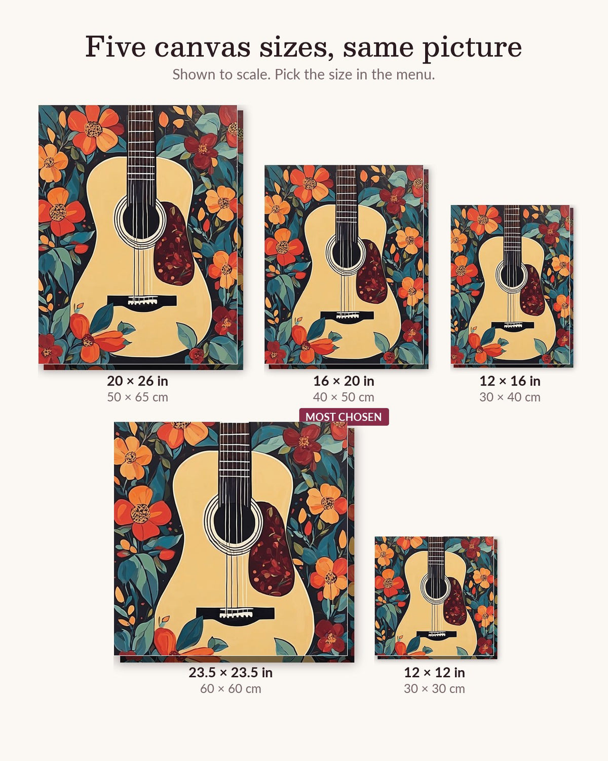 Acoustic Guitar Among Flowers canvas sizes from 12 x 12 to 23.5 x 23.5 inches
