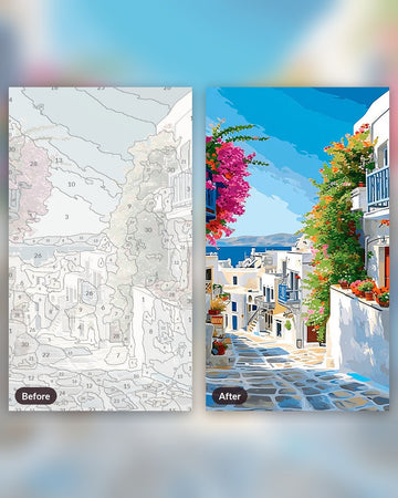 Aegean Steps paint by numbers kit, before and after