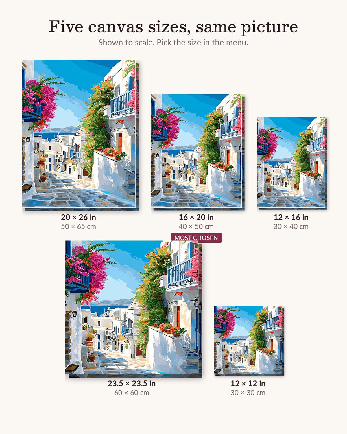 Aegean Steps canvas sizes from 12 x 12 to 23.5 x 23.5 inches