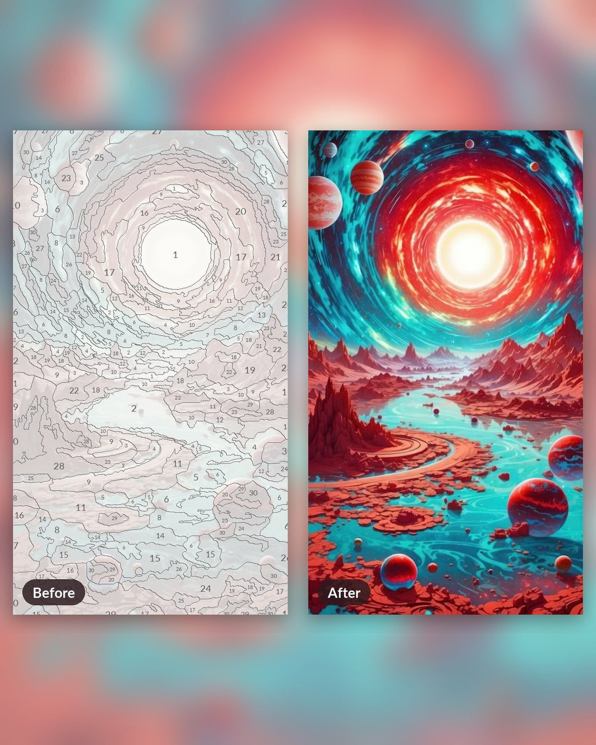 Alien World paint by numbers kit, before and after