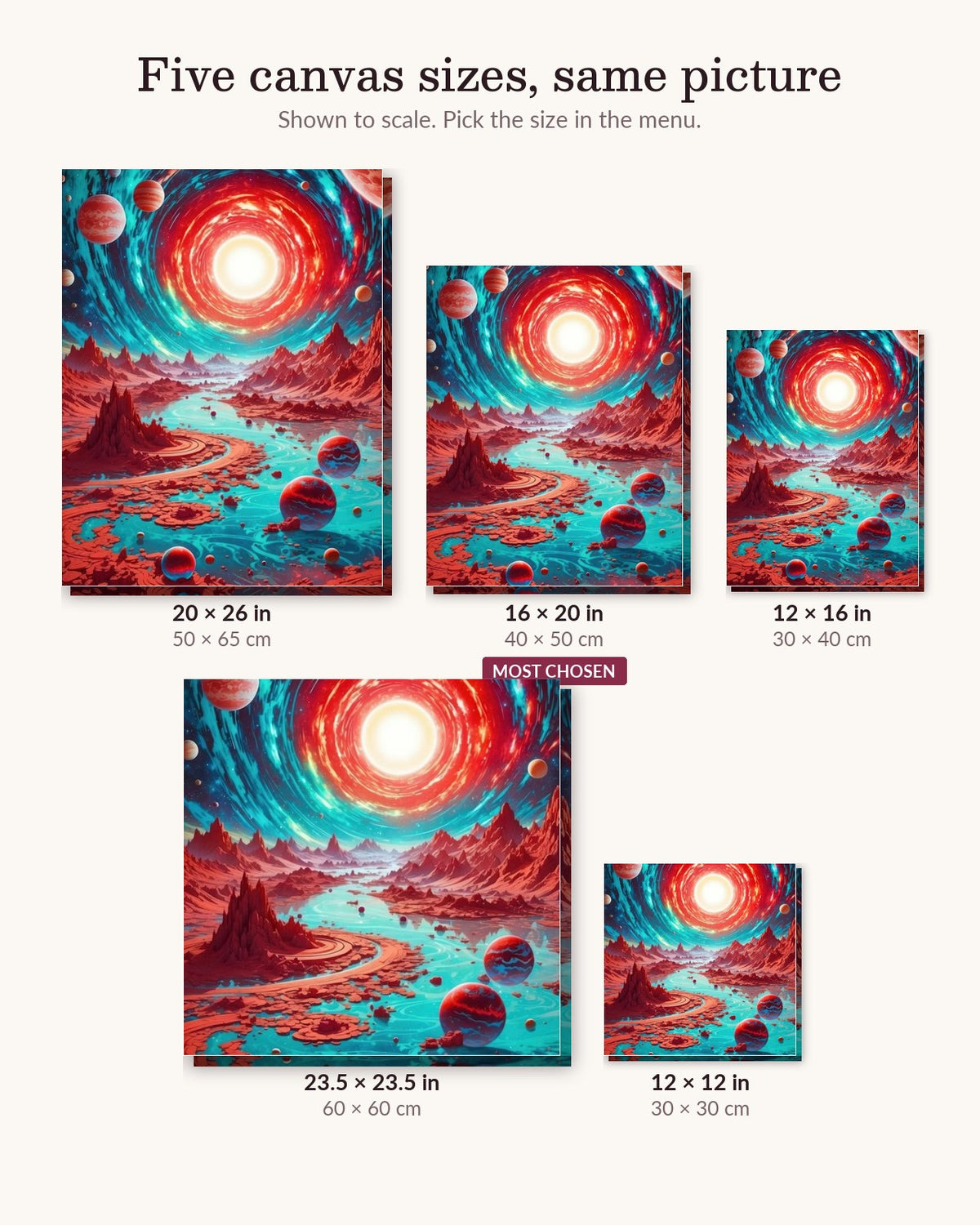 Alien World canvas sizes from 12 x 12 to 23.5 x 23.5 inches