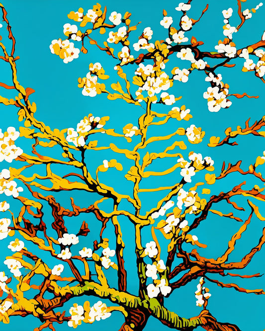 Almond Blossom after Van Gogh paint by numbers kit, white almond blossom branches against a turquoise sky in Van Gogh's style