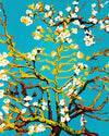 Almond Blossom after Van Gogh paint by numbers kit, white almond blossom branches against a turquoise sky in Van Gogh's style