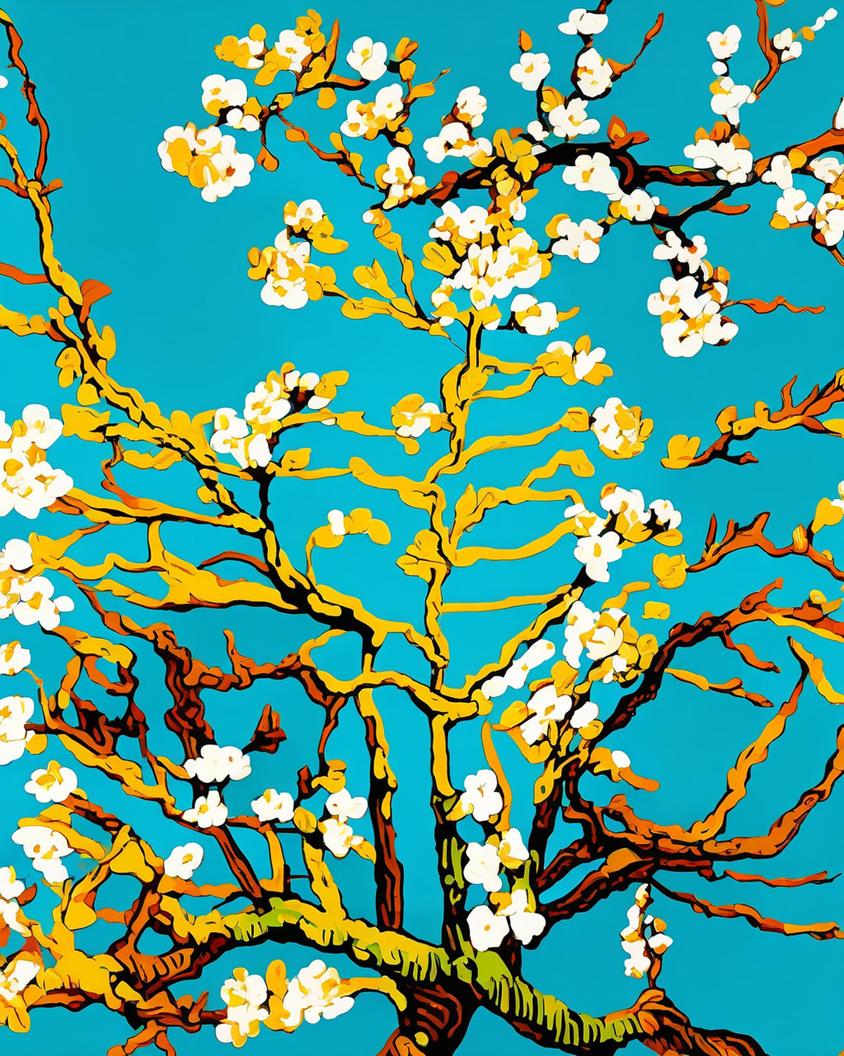 Almond Blossom after Van Gogh paint by numbers kit, white almond blossom branches against a turquoise sky in Van Gogh's style