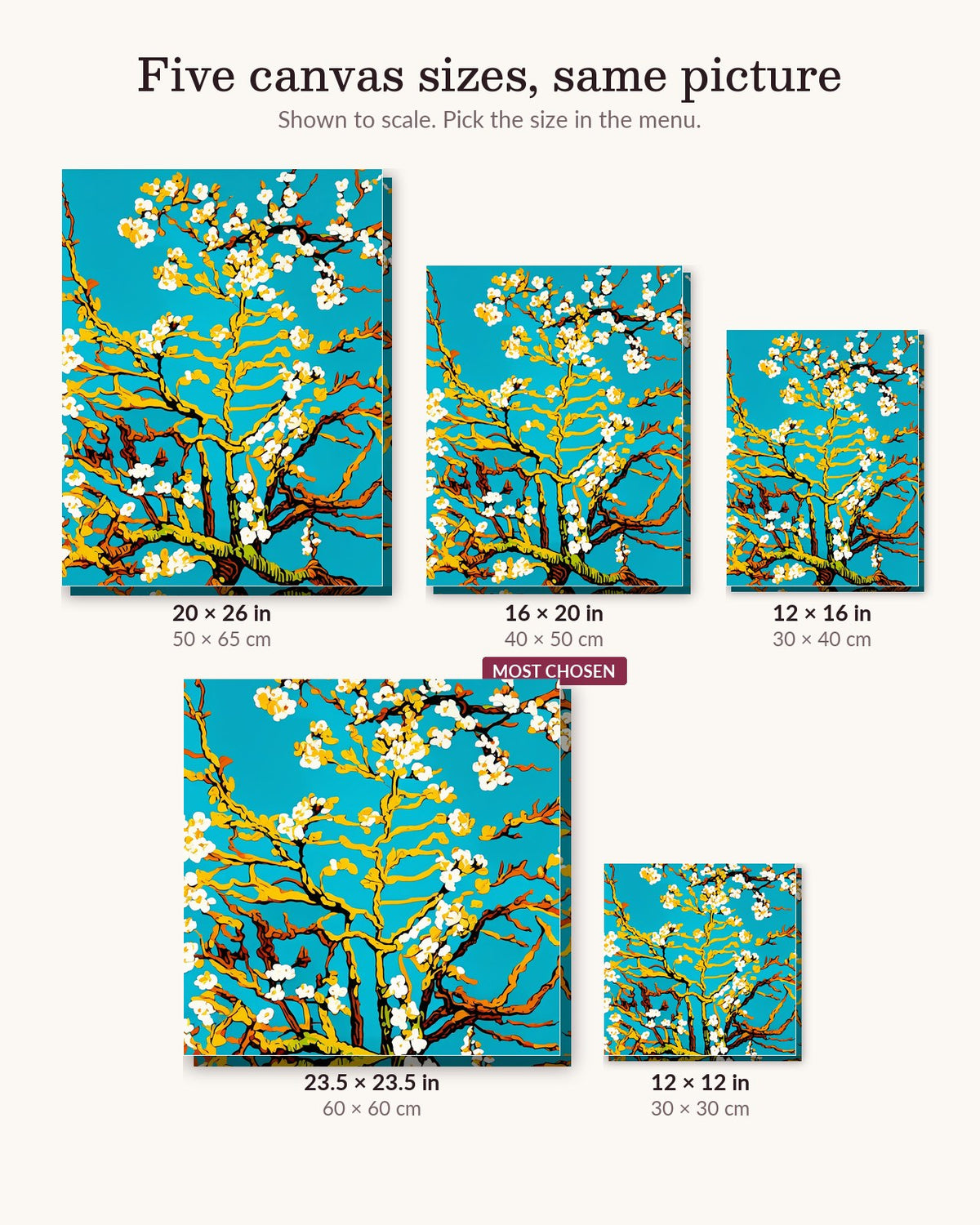 Almond Blossom after Van Gogh canvas sizes from 12 x 12 to 23.5 x 23.5 inches