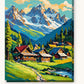 Alpine Chalets Below Snowy Peaks paint by numbers kit on stretched canvas