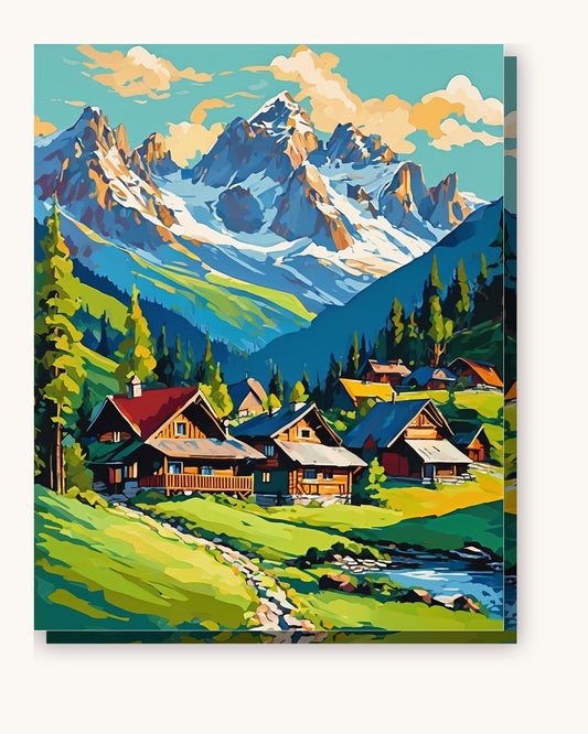 Alpine Chalets Below Snowy Peaks paint by numbers kit on stretched canvas