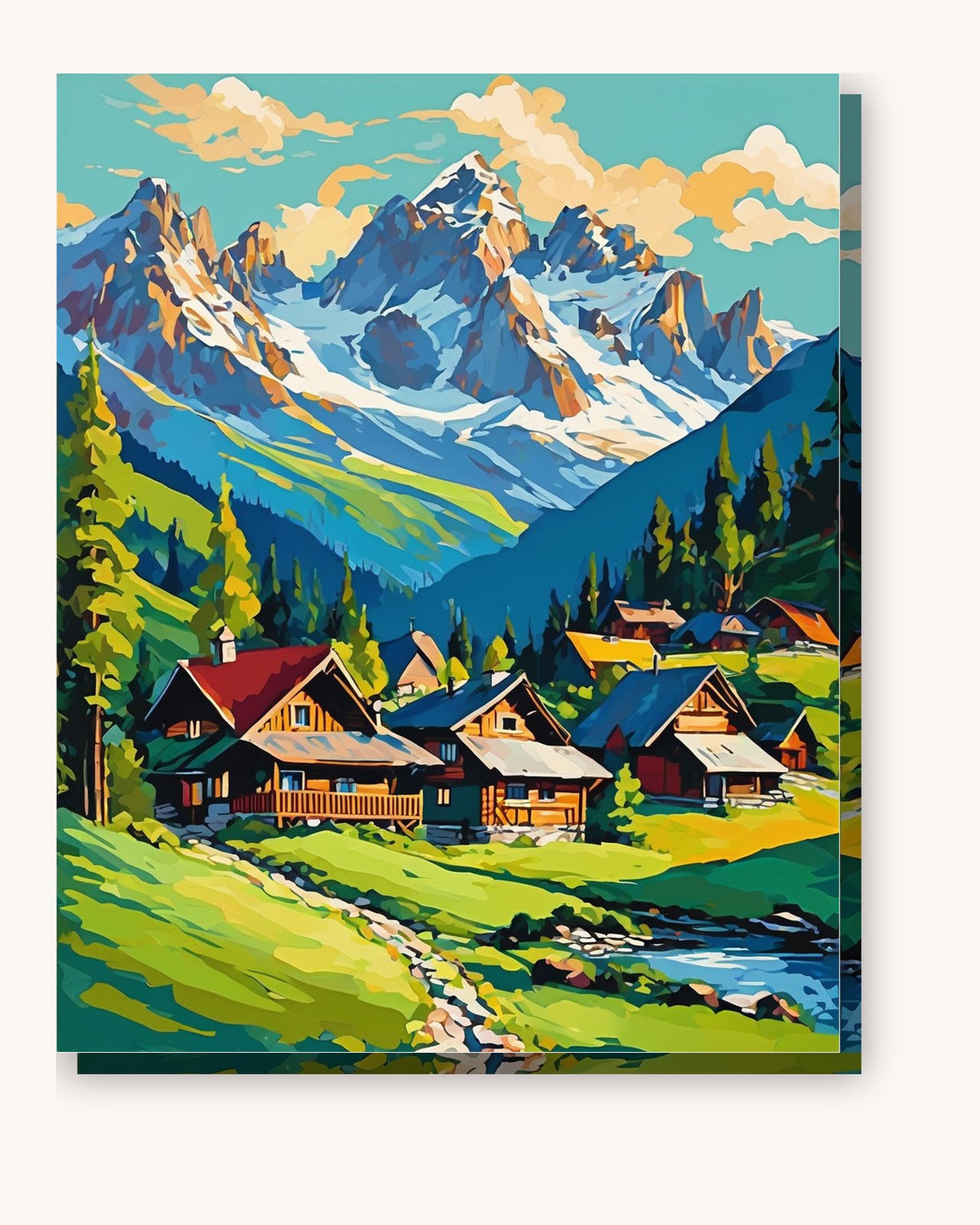 Alpine Chalets Below Snowy Peaks paint by numbers kit on stretched canvas