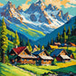 wooden alpine chalets in a green meadow below snow covered mountains, paint by numbers kit