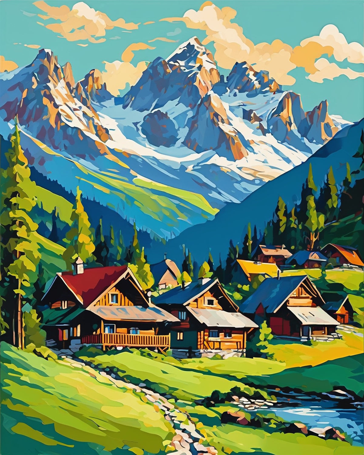 wooden alpine chalets in a green meadow below snow covered mountains, paint by numbers kit