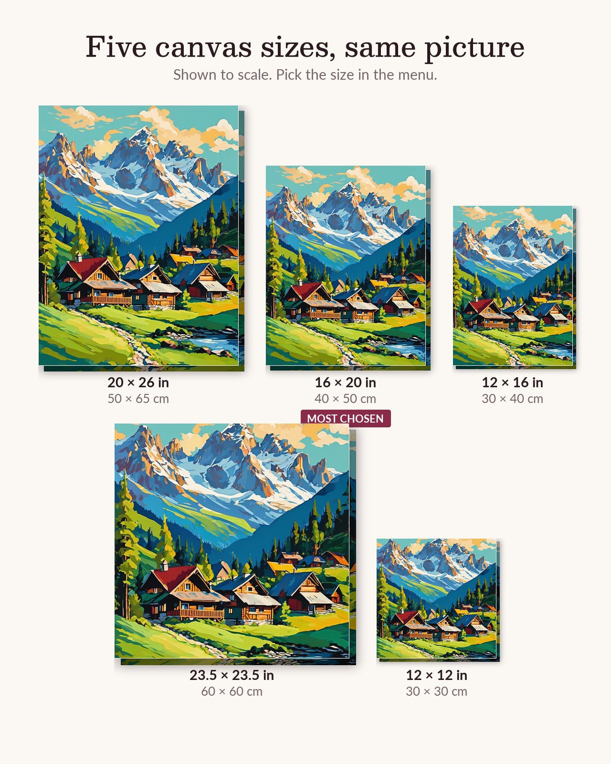Alpine Chalets Below Snowy Peaks canvas sizes from 12 x 12 to 23.5 x 23.5 inches