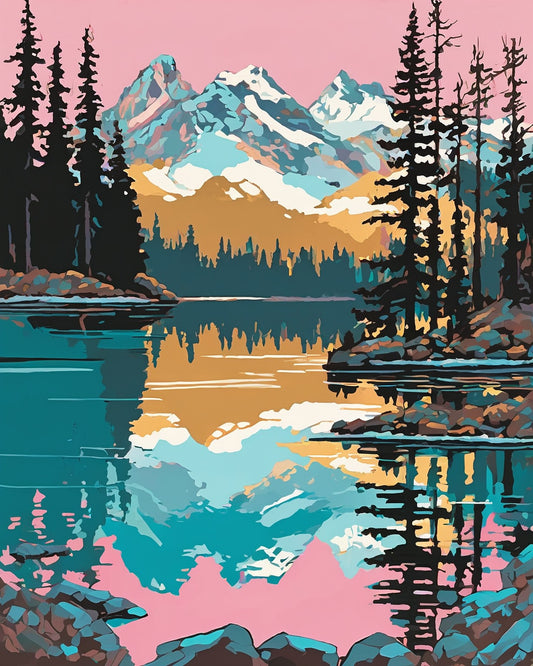 Alpine Lake Sunrise paint by numbers kit, mountains reflected in a turquoise alpine lake