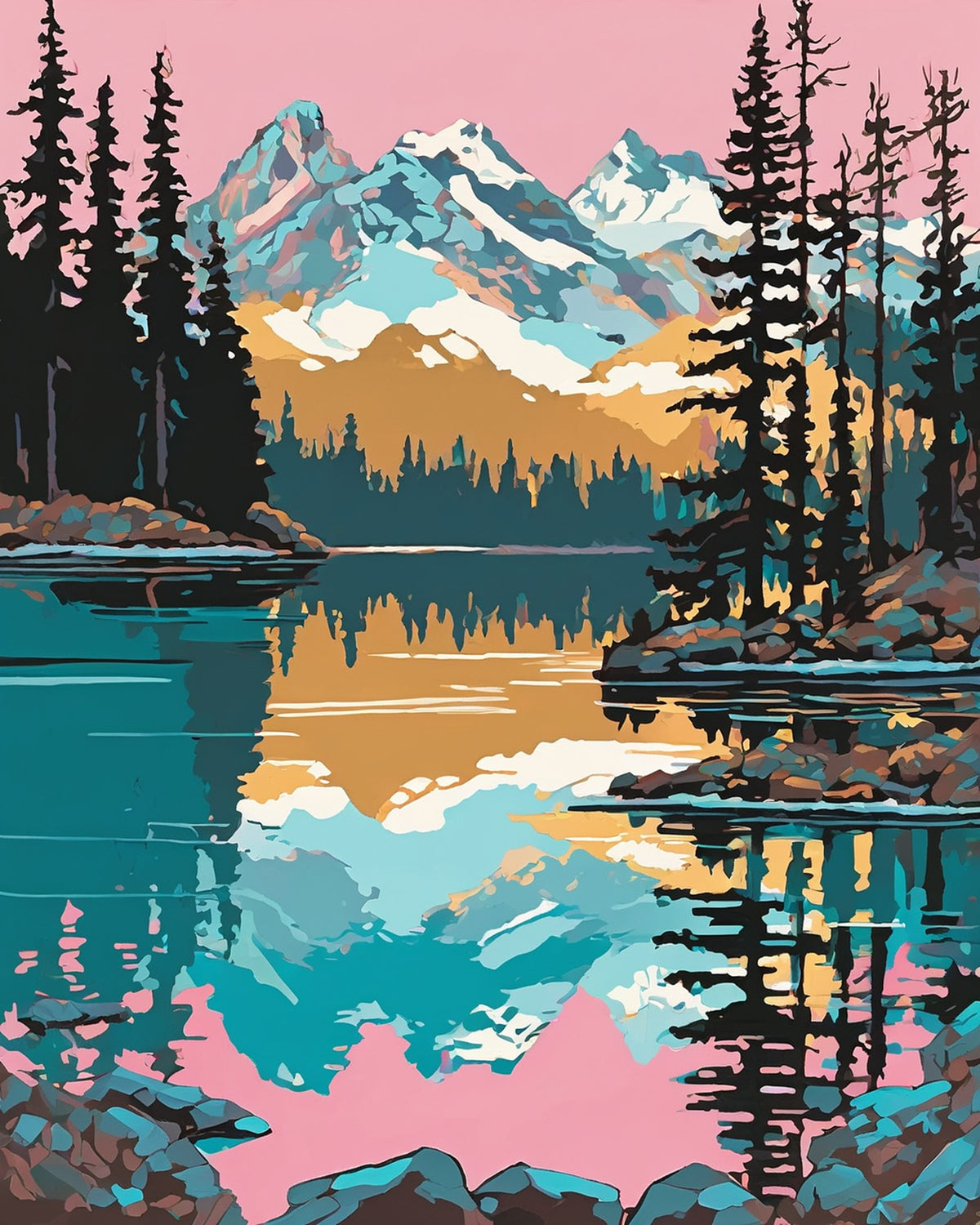 Alpine Lake Sunrise paint by numbers kit, mountains reflected in a turquoise alpine lake