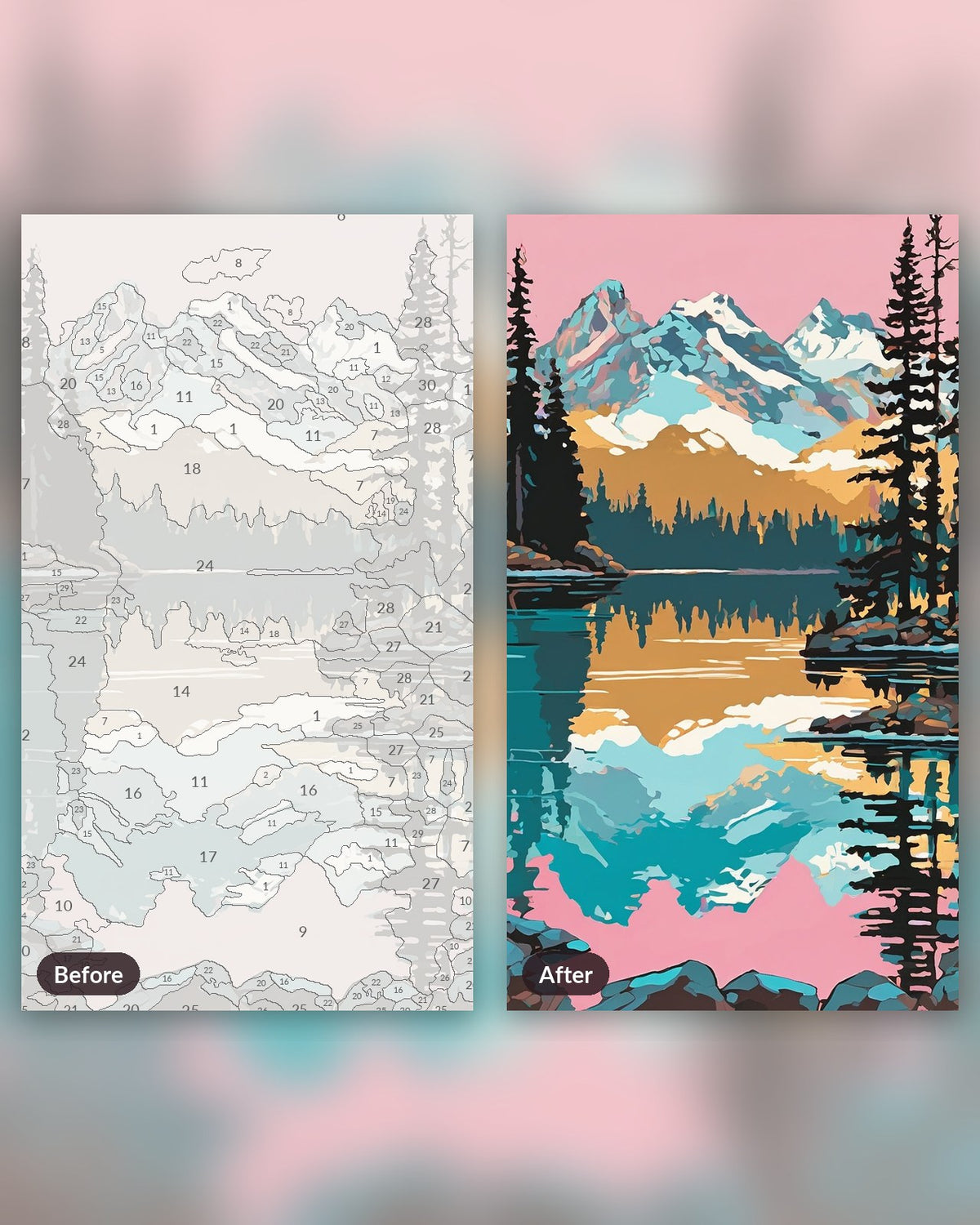 Alpine Lake Sunrise paint by numbers kit, before and after
